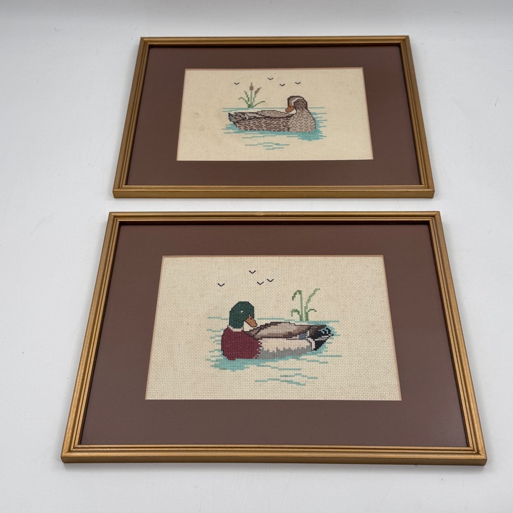 Vintage Framed Duck Needlepoint Cross Stitch Wall Art Set Brown Mats Gold Frames